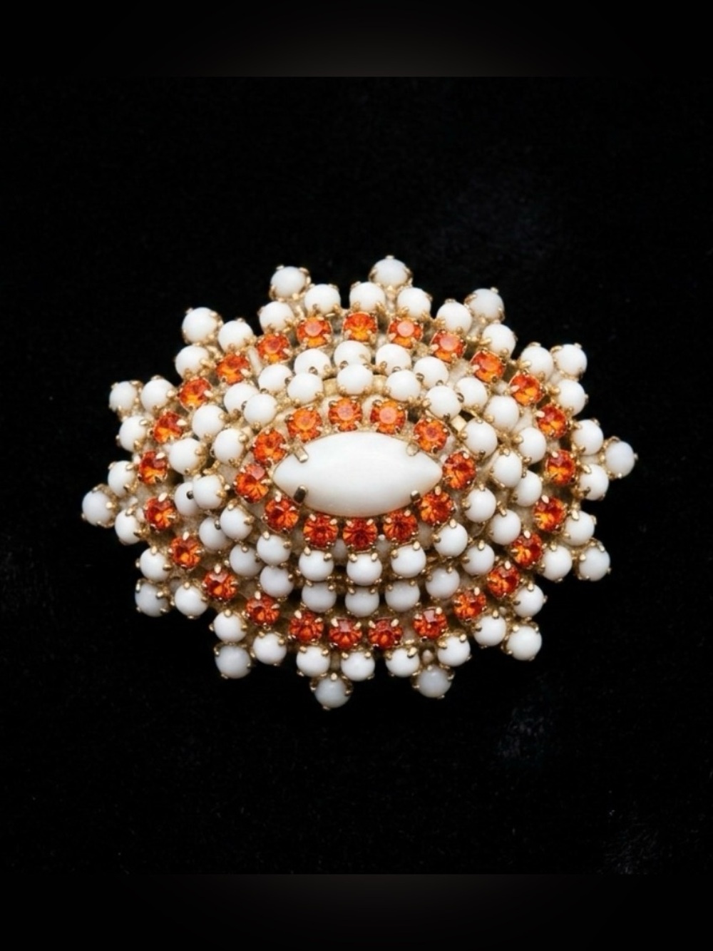 #272 Vintage Milk Glass & Rhinestone Brooch
